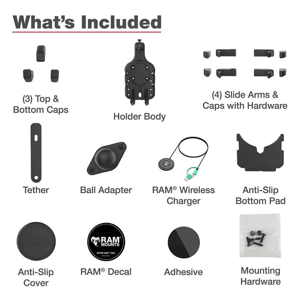 Ram Mount RAM QuickGrip Pro wBall  Qi2 15W Wireless Charger RAMHOLPD5BW2MU