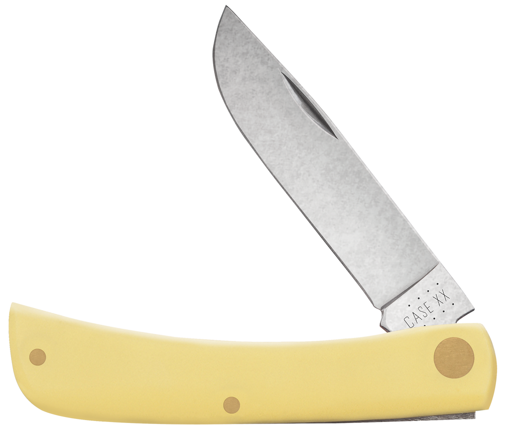 A classic folding pocket knife with a yellow handle and a satin-finished steel blade, shown open against a plain white background. The blade is engraved with the brand name 'CASE XX'.