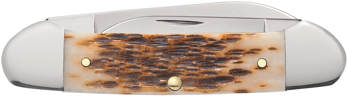 CASE 00263 AMBER BONE PEACH SEED JIG CANOE