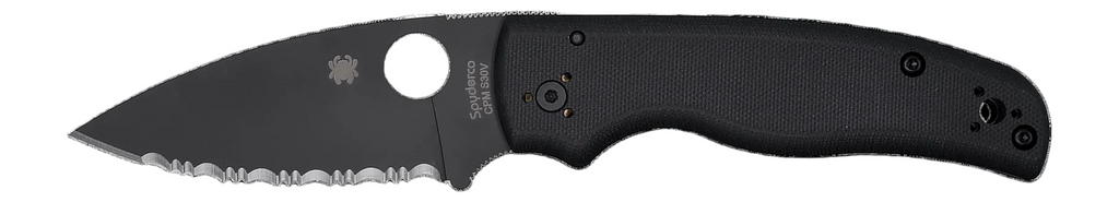 A black folding pocket knife with a textured handle and a partially serrated blade, shown against a plain white background. 