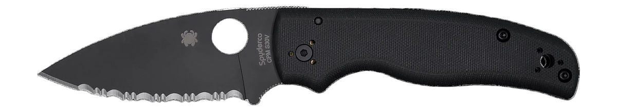 A black folding pocket knife with a textured handle and a partially serrated blade, shown against a plain white background. 