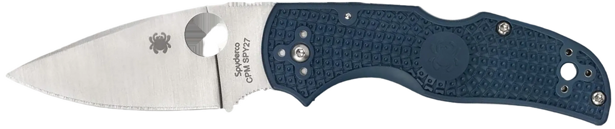 Folding knife with blue handle and visible brand logo on a white background