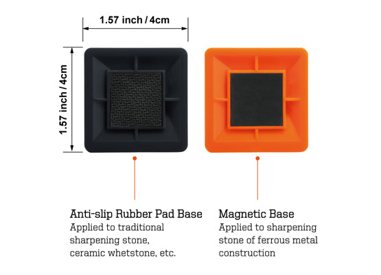 Two square pads, one black and one orange, with measurements and text describing their uses.