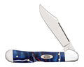 A classic folding pocket knife with a polished silver steel blade and a blue marbled resin handle featuring gold-toned pins and a brass CASE logo medallion.