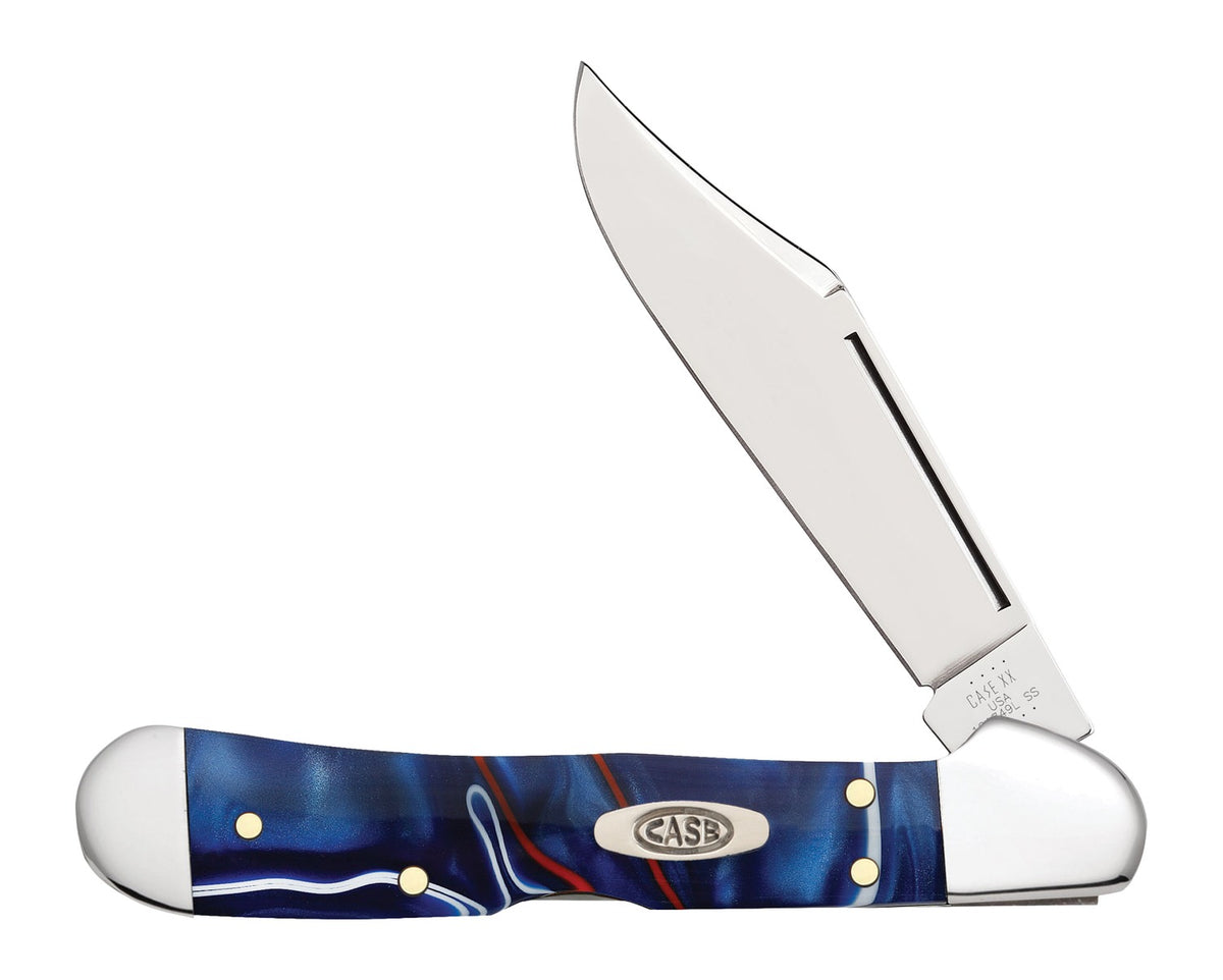 A classic folding pocket knife with a polished silver steel blade and a blue marbled resin handle featuring gold-toned pins and a brass CASE logo medallion.