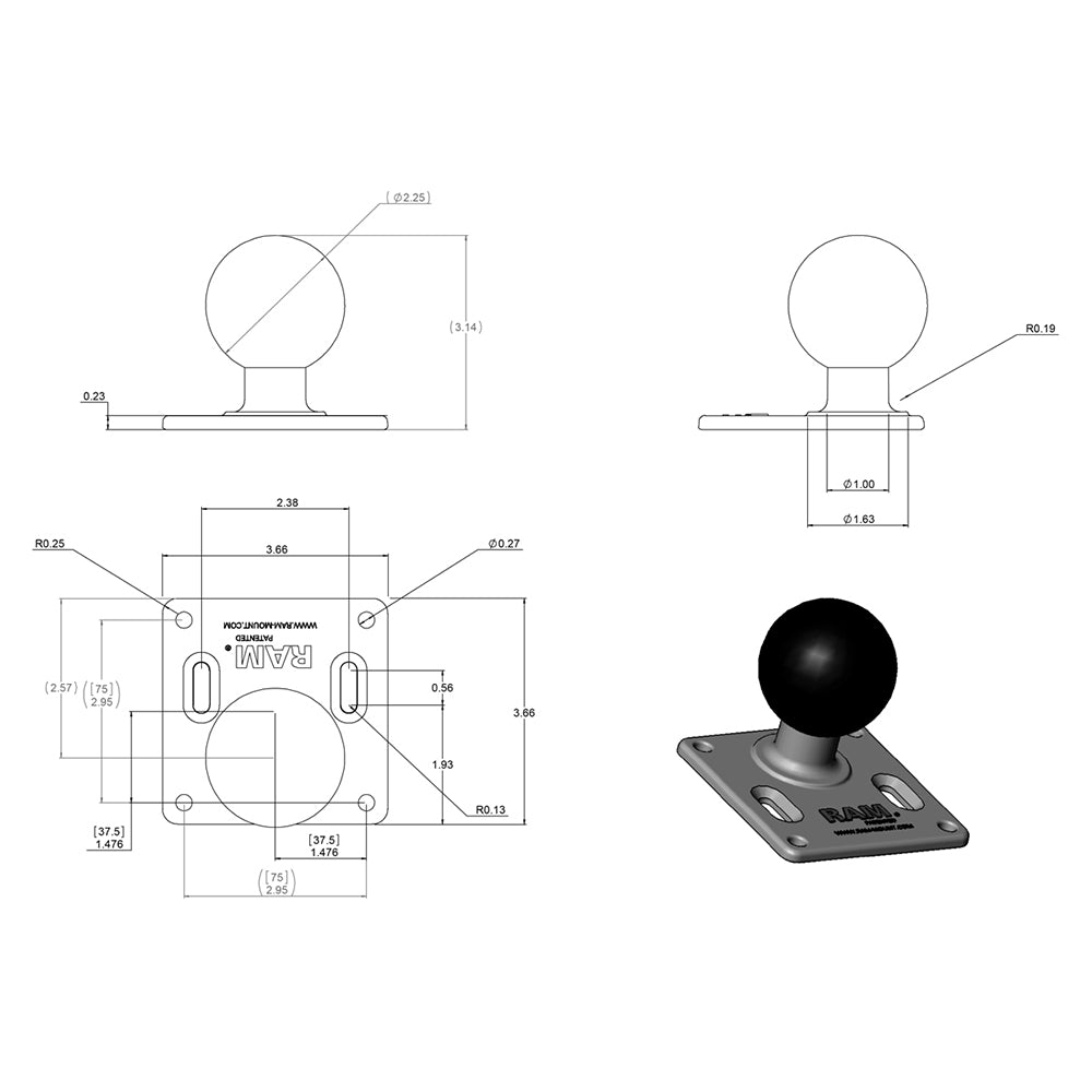 RAM Mount 75mm x 75mm VESA 3625 Plate w225 D Size Ball RAMD2461U