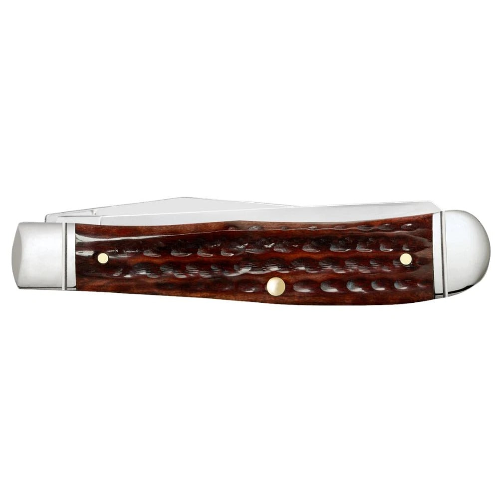 A classic folding pocket knife with a polished silver steel blade and handle ends, featuring a textured reddish-brown wooden handle scale with brass pins, shown against a plain white background.