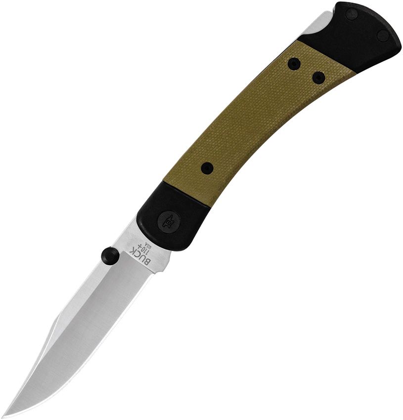 Folding knife with a brown handle and black accents on a white background