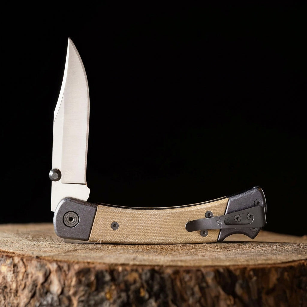 A folding pocket knife with a silver blade and a tan textured handle, displayed open on a rustic wood slice against a solid black background. 