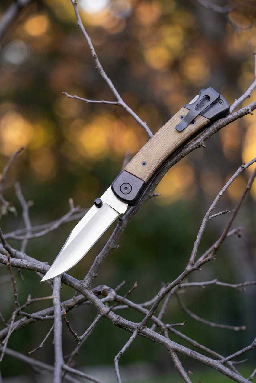 A folding pocket knife with a tan textured handle and a silver blade, hanging from thin tree branches in an outdoor setting with a blurred green and brown background. 