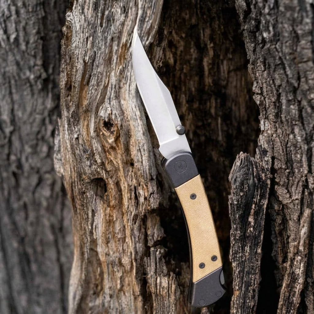A folding pocket knife with a silver blade and a tan-and-black handle, shown resting against textured tree bark.
