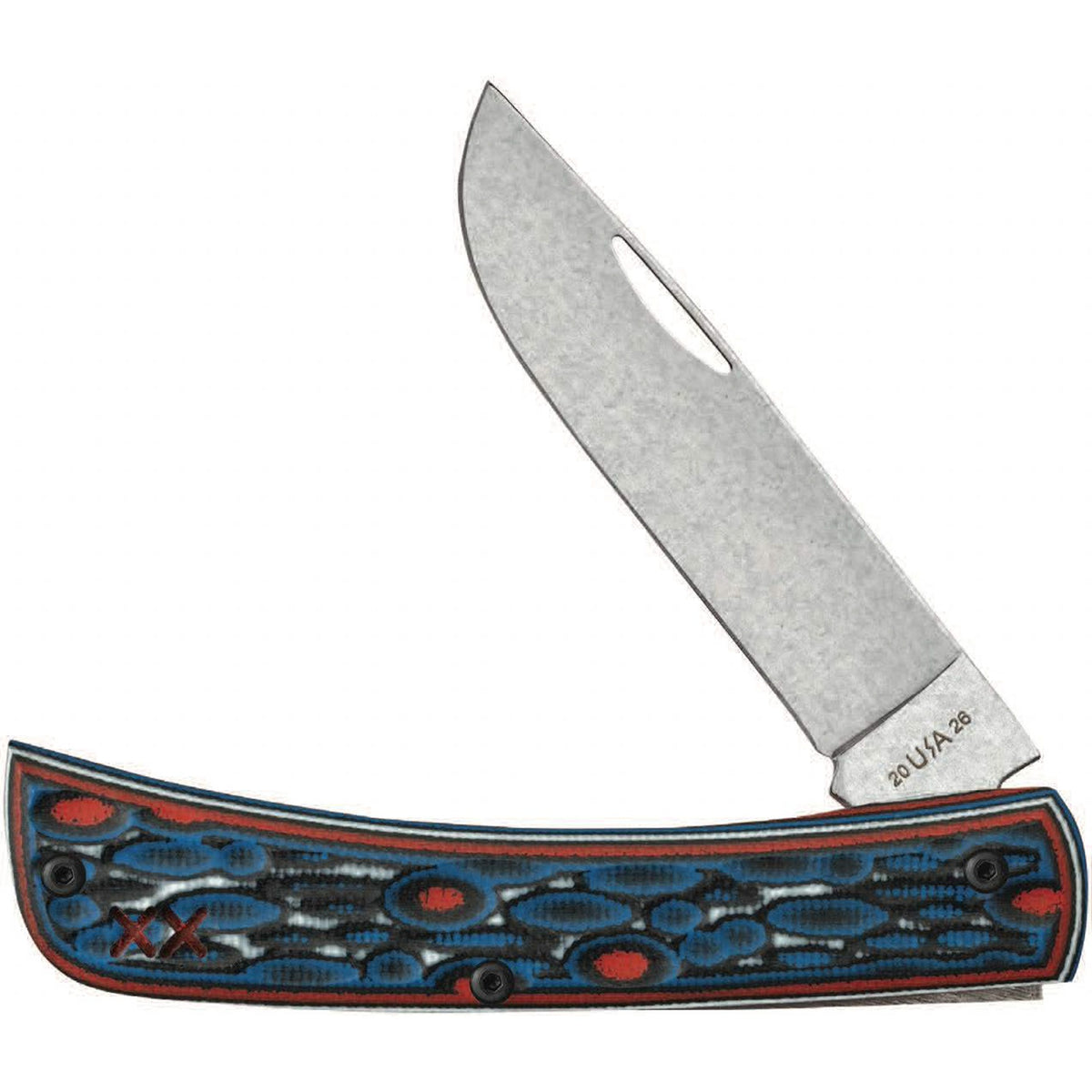 A folding pocket knife with a satin finish steel blade and a textured handle featuring a blue, red, and black pattern, shown open against a white background.