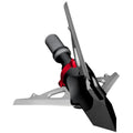 Close-up of a black and red archery bow sight on a white background