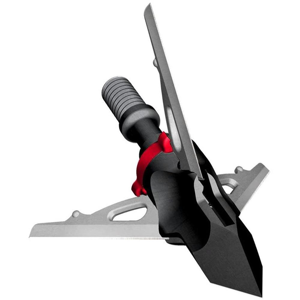 Close-up of a black and red archery bow sight on a white background