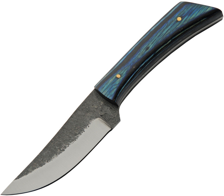 Knife with a blue and black handle on a white background