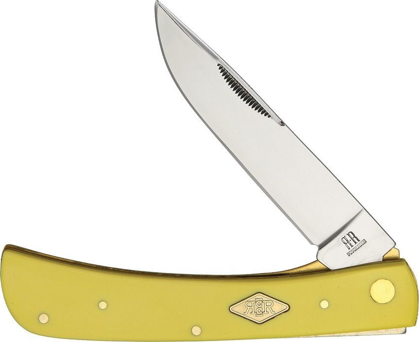 Fisher knife with yellow handle on a white background
