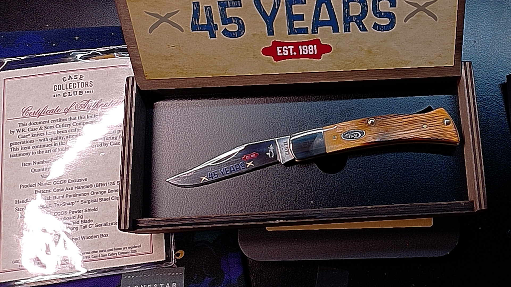 Case XX 45th Anniversary Collectors Club Axe Handle – Burnt Persimmon Bone with Wooden Presentation Box