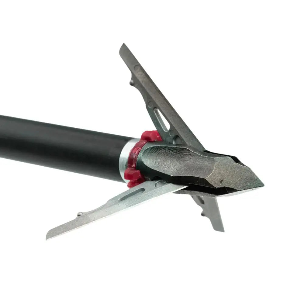 Close-up of a black shaft with a metal arrowhead and red nocks, shown on a plain white background.