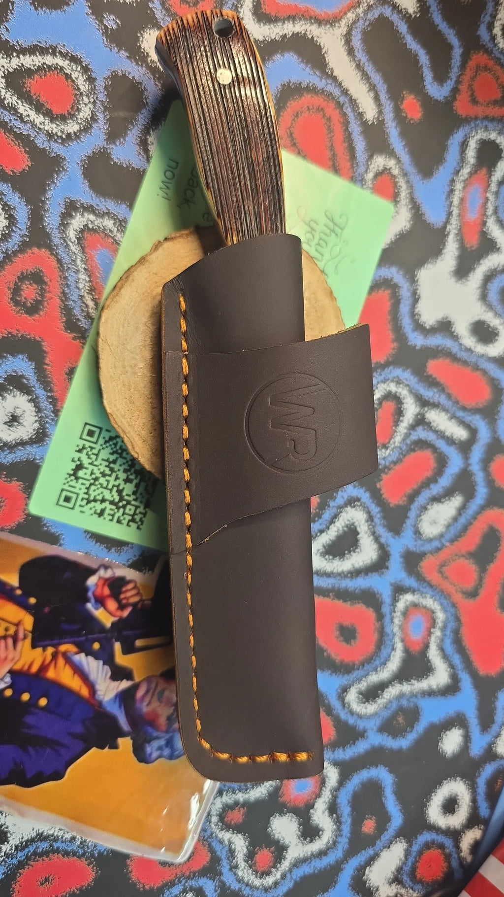 Whiskey Bent/ CACTUS ALLEY HAT CO. Large Bull Cutter Fixed Blade Knife W/Leather Sheath (Sawmill handle Damascus Blade)