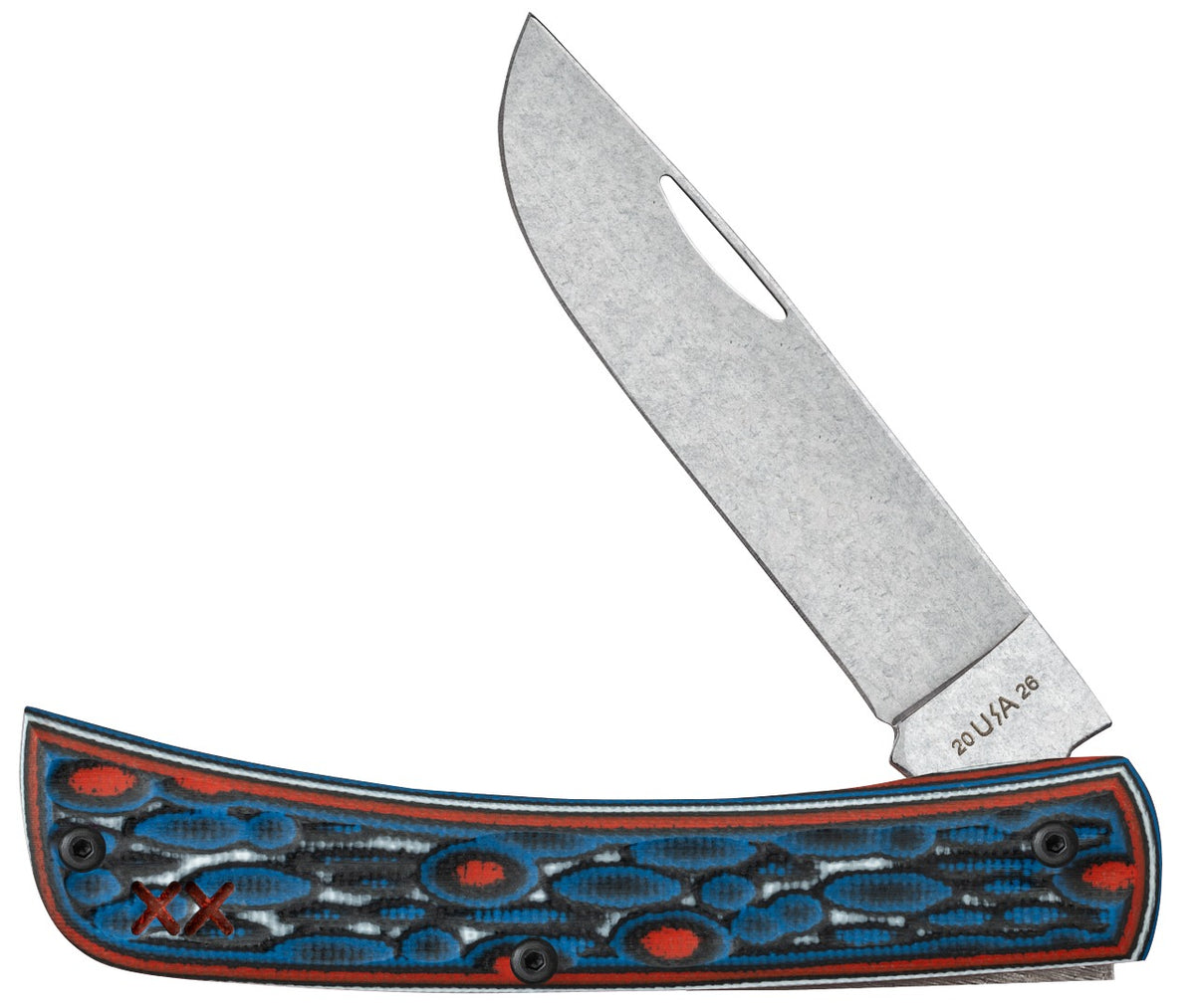 A folding pocket knife with a silver steel blade and a textured blue, black, and red handle, shown open against a plain white background.
