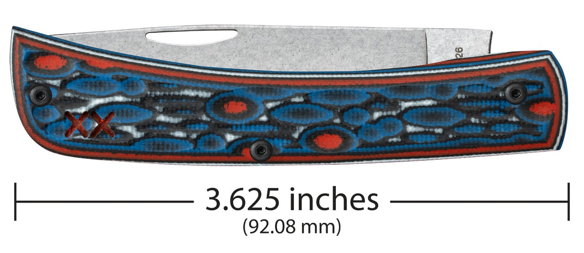 A folding pocket knife shown in side profile with a measurement line and text indicating a length of 3.625 inches (92.