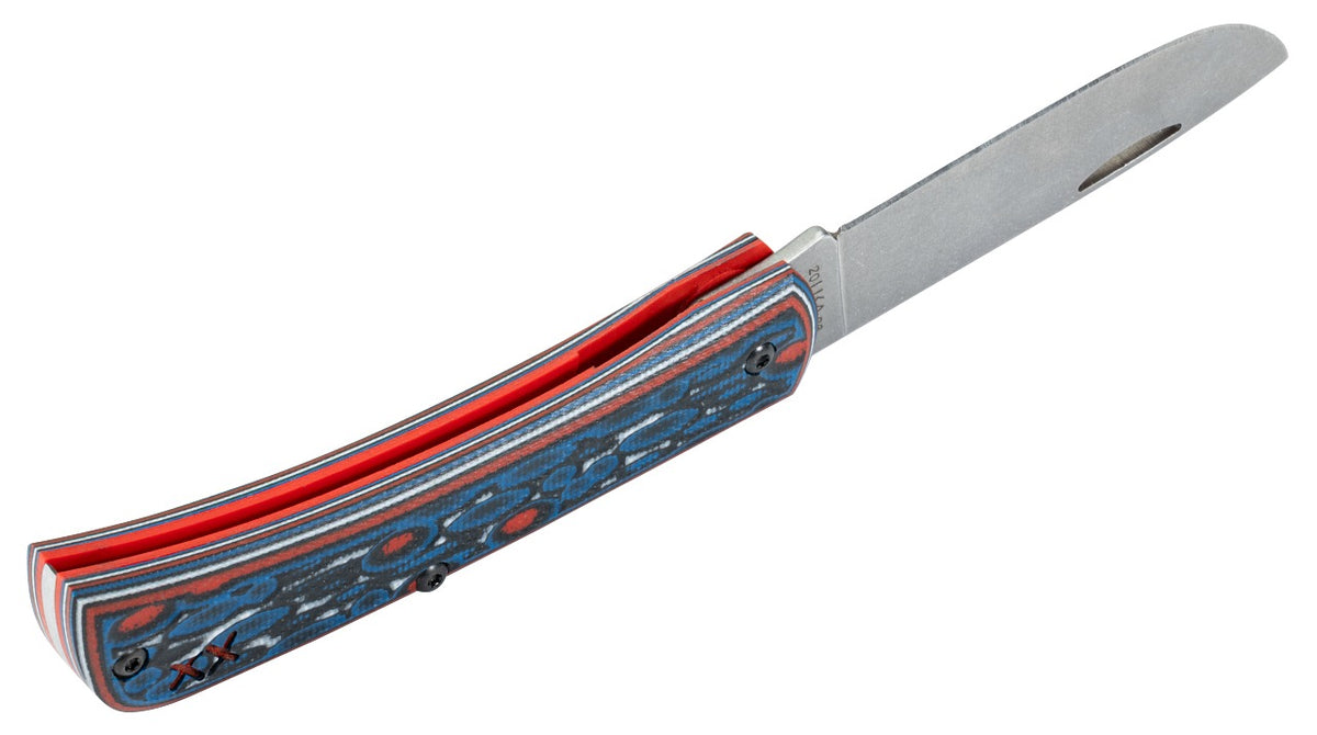 A folding pocket knife with a silver stainless steel blade and a textured handle featuring a blue and red patterned inlay over a dark gray base.