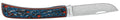 A folding pocket knife with a satin-finished silver steel blade and a textured handle featuring blue, red, and black patterns, shown against a plain white background.
