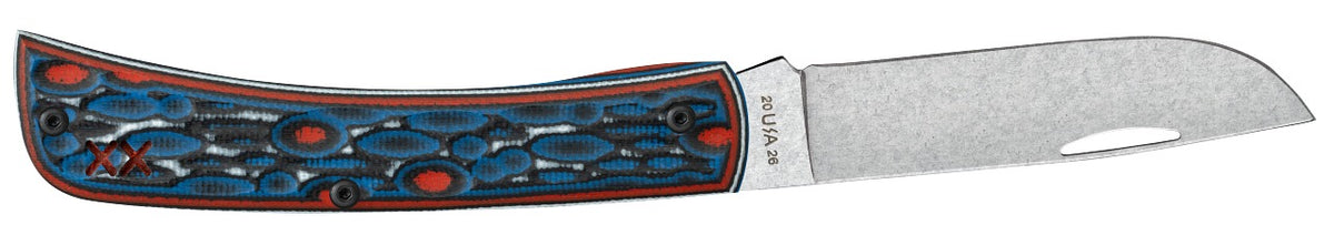 A folding pocket knife with a satin-finished silver steel blade and a textured handle featuring blue, red, and black patterns, shown against a plain white background.
